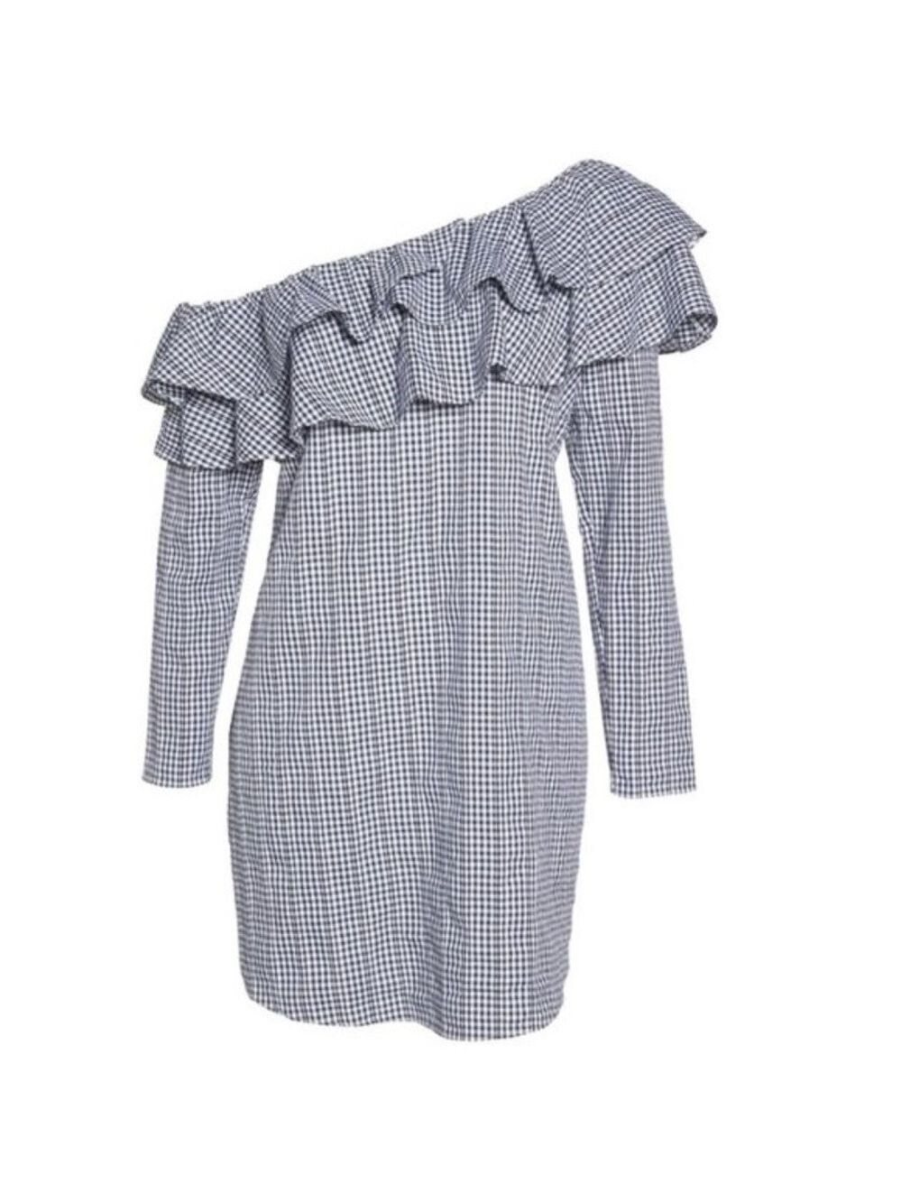 Adelyn Rae Gingham One-Shoulder Ruffle Dress - Picture 2 of 7